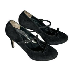 Paul Green Women UK Sz 5.5 US Sz 8 Black Suede T-Strap Bow Front Platform Heels